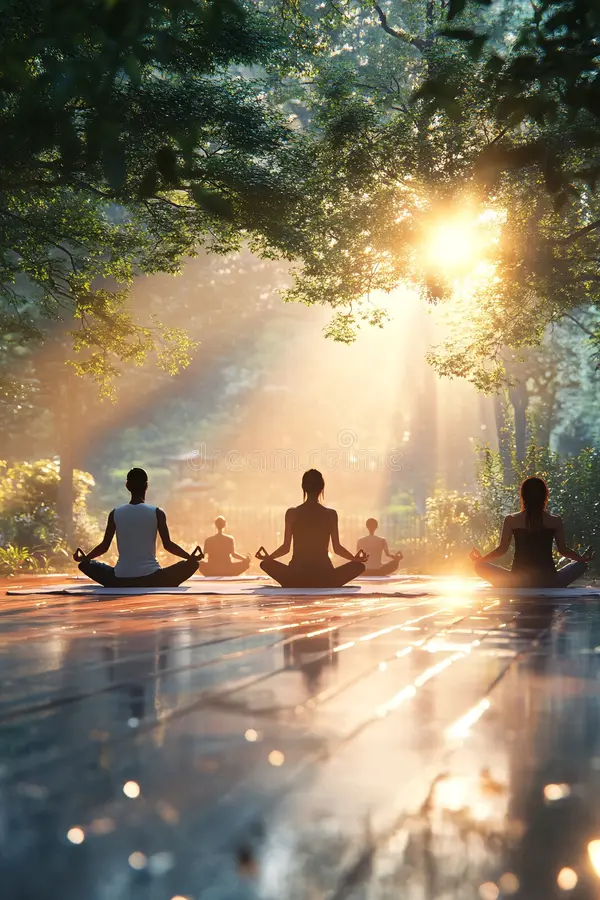 Grupo de personas meditando en la naturaleza durante el amanecer, luz del sol filtrándose entre los árboles, simbolizando la conexión con la autenticidad y la transformación personal.